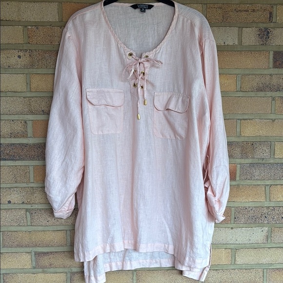 Ellen Tracy women’s 100% linen peach Cuffed Sleeve Tie Front Tunic XXL - Picture 1 of 9